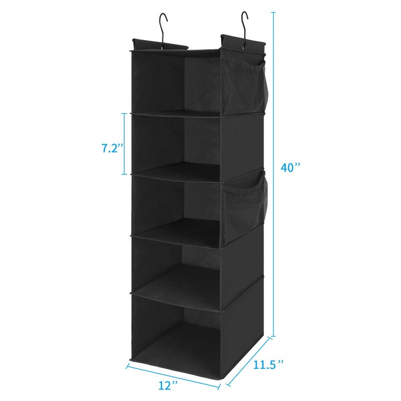 MAX Houser 5-Shelf Hanging Closet Organizer,Space Saver, Cloth Hanging Shelves with 4 Side Pockets,Foldable, Black - Image 2